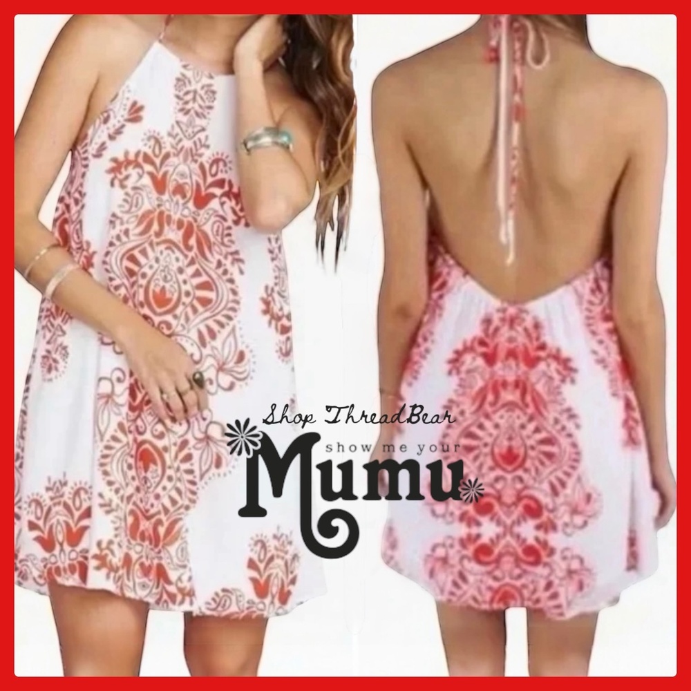 EUC [Show Me Your MuMu] Katy Halter Dress | White Red Damask + Open Back | Small